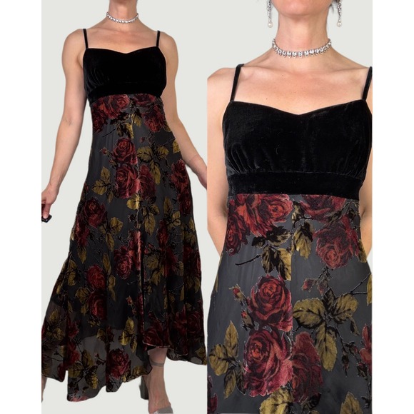 Newport News Dresses & Skirts - Newport News Velvet Burnout Floral Maxi Slip Dress Rose Print Gown Vintage Y2K S